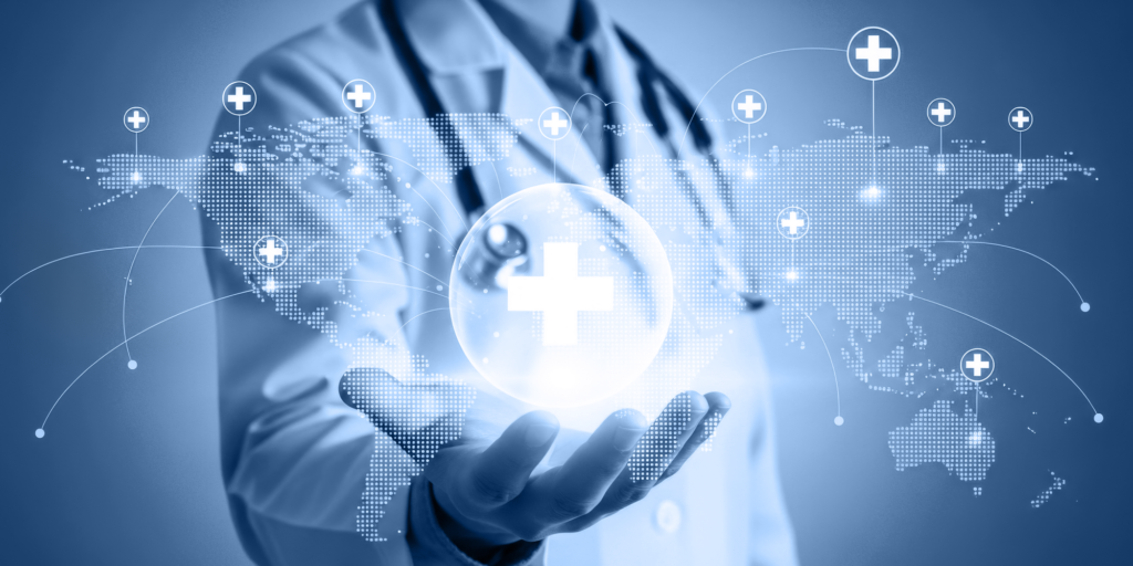Doctor holding a digital healthcare icon with a global medical network and world map in the background