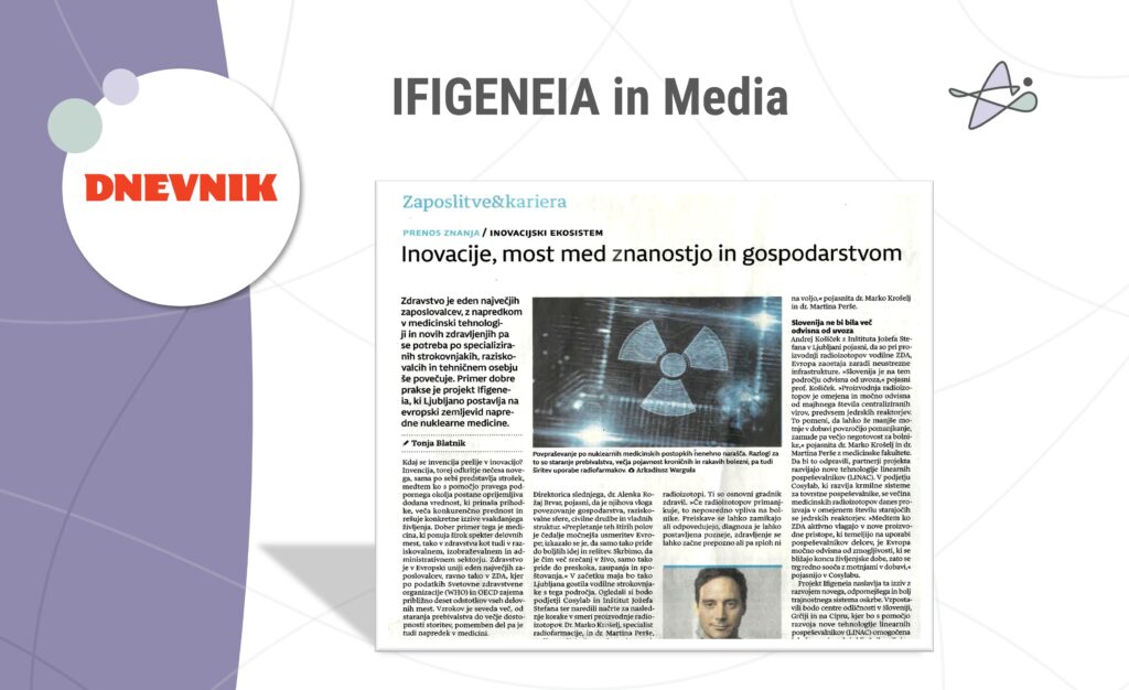 Dnevnik newspaper article featuring the IFIGENEIA project and its role in connecting science and industry in nuclear medicine