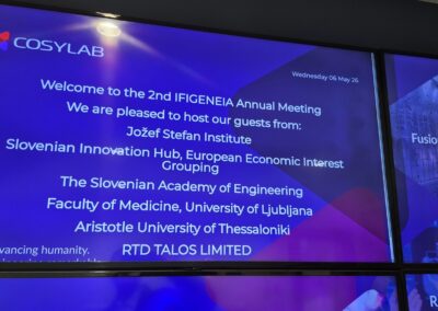 Display screen at Cosylab welcoming participants to the meeting between the IFIGENEIA Project Coordinator and Slovenian project partners in Ljubljana.