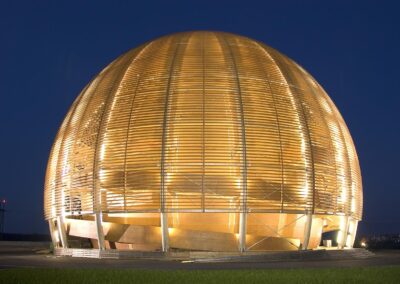 The Globe of Science and Innovation at CERN illuminated at night in Meyrin, Switzerland. Photo: Maximilien Brice, CERN.