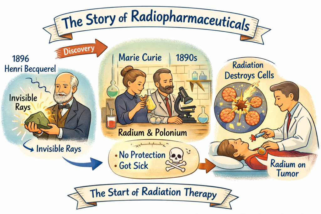 Illustrated timeline showing the early history of radiopharmaceuticals, from Henri Becquerel’s discovery of radioactivity and the work of Marie Curie to the first medical applications of radiation therapy.