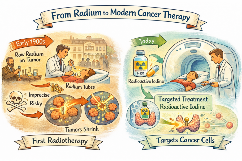 Illustration comparing early radium-based cancer treatments with modern targeted radionuclide therapy using radioactive iodine, showing the evolution of radiotherapy over time.