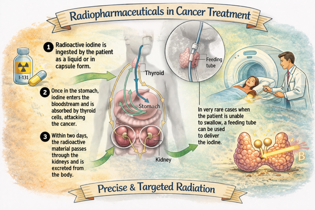 Illustration showing how iodine-131 and other radiopharmaceuticals are used in cancer treatment, from administration to targeted radiation therapy and medical imaging.