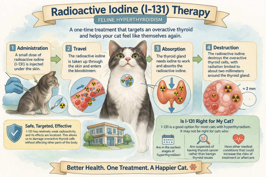 Illustration showing how iodine-131 therapy is used to treat hyperthyroidism in cats, from administration and absorption to the targeted destruction of overactive thyroid cells.