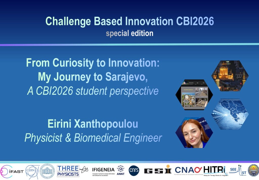CBI2026 graphic featuring Eirini Xanthopoulou and her student perspective, “From Curiosity to Innovation: My Journey to Sarajevo”.